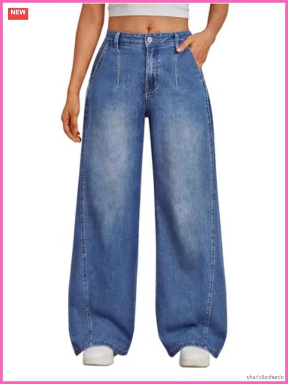 Wide Leg Jeans Side Pleats Soft Drape Cotton Blend Baggy Pull On
